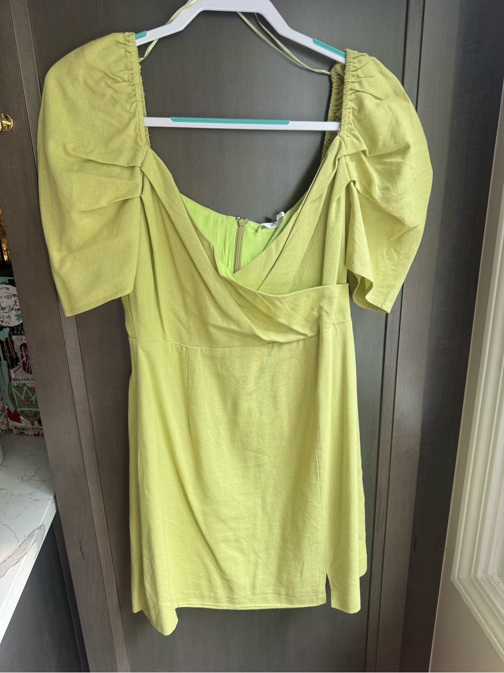 Women’s Puff-Sleeve Mini Dress in Lime Green NWT